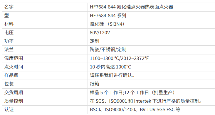 HF7684-844&nbsp;氮化硅点火器热表面点火器特点.png